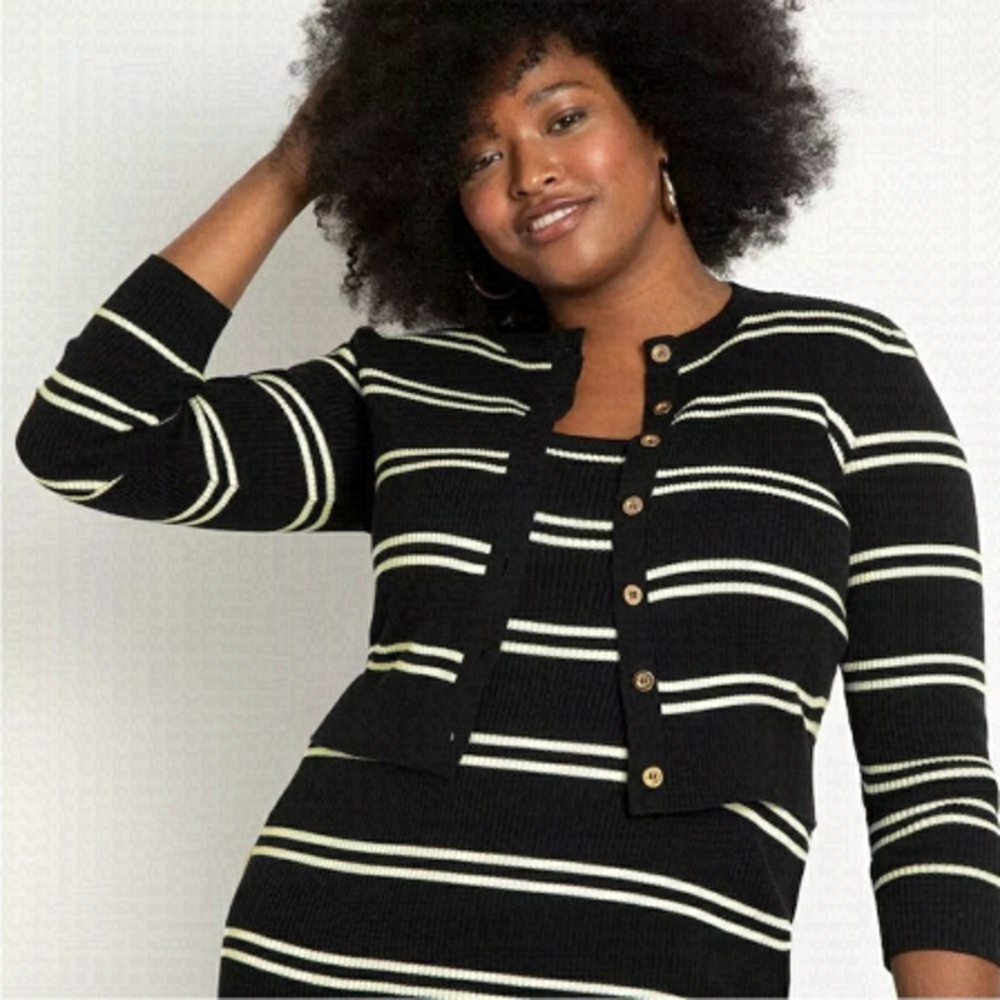 Eloquii Cream and black striped button up cardigan. Size 14/16